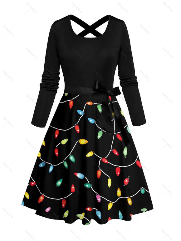Christmas Couple Outfit Lightning Chains Print Crossover Belt Dress and Shirt Set - Noir S | US 4