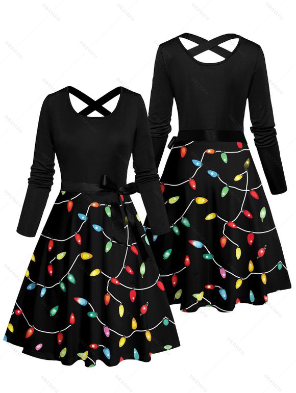 Christmas Couple Outfit Lightning Chains Print Crossover Belt Dress and Shirt Set - Noir S | US 4