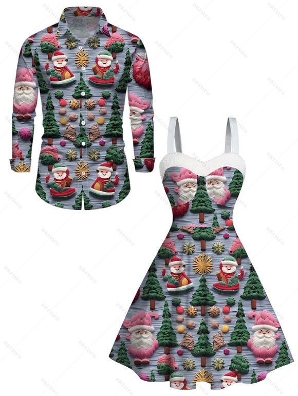 Holiday Couple Outfit Christmas Tree Santa Claus Print Faux Fur Dress and Shirt Set - Bleu gris S | US 4