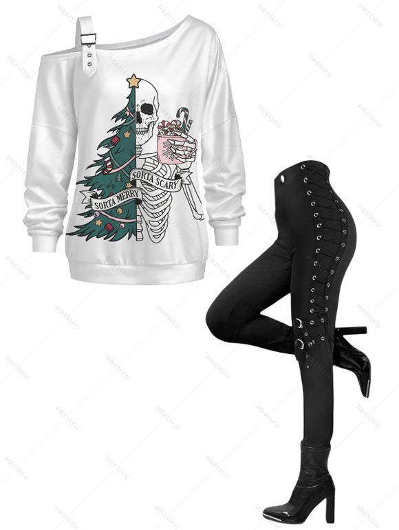 Holiday Outfit Christmas Tree Skeleton Print Buckle Sweatshirt and Grommet Leggings Set - Blanc S | US 4