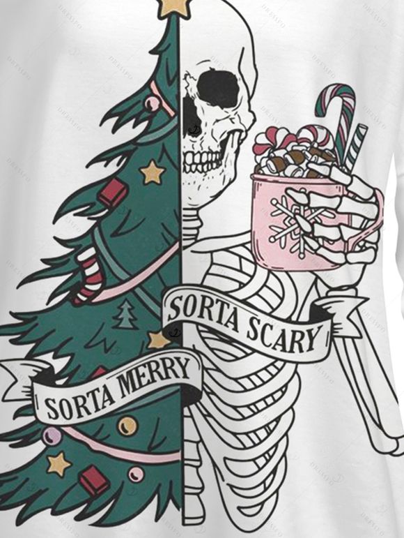 Holiday Outfit Christmas Tree Skeleton Print Buckle Sweatshirt and Grommet Leggings Set - Blanc S | US 4