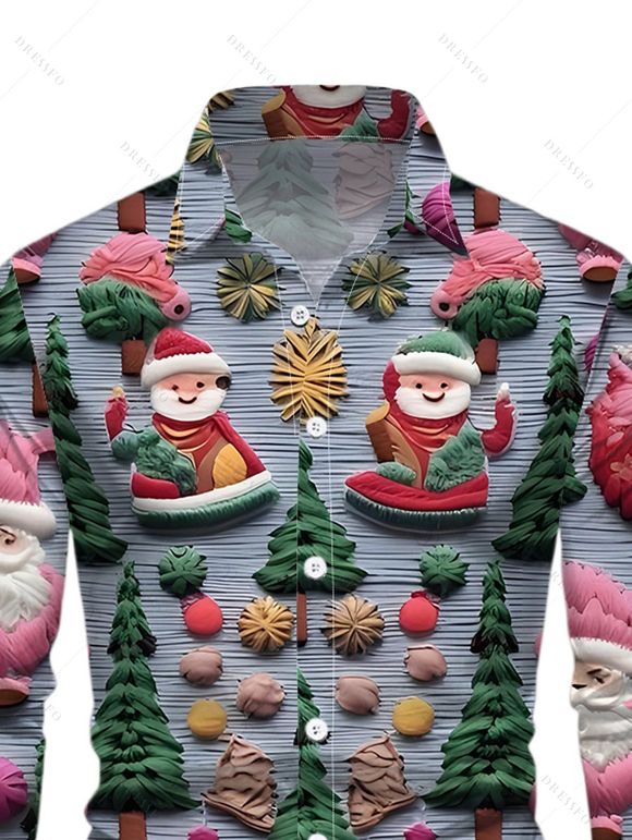 Holiday Couple Outfit Christmas Tree Santa Claus Print Faux Fur Dress and Shirt Set - Bleu gris S | US 4