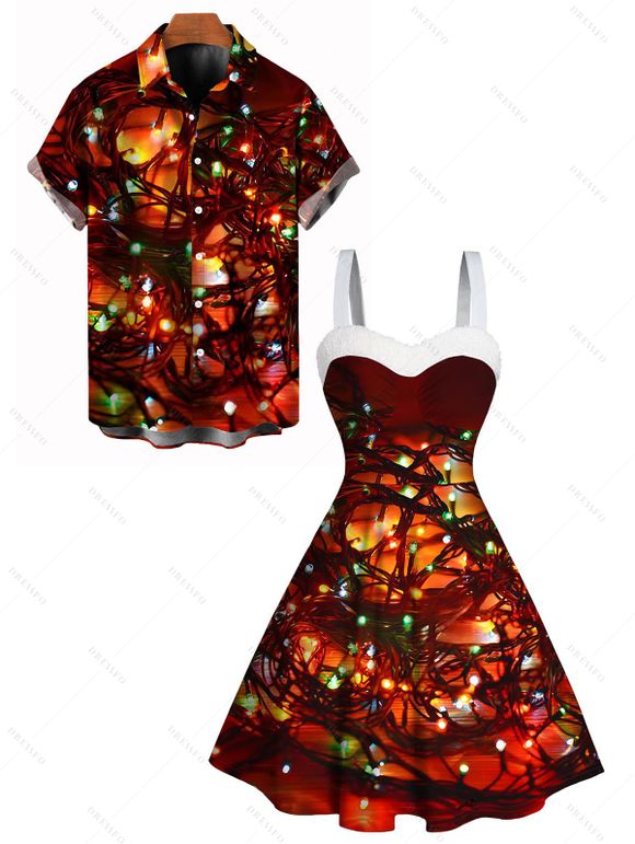 Christmas Couple Outfit Lightning Chains Print Faux Fur Dress and Shirt Set - Rouge Vineux S | US 4