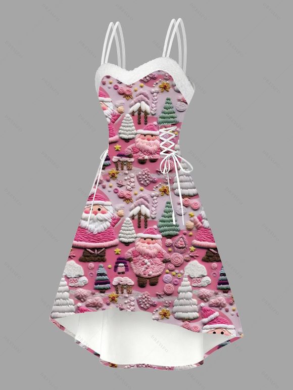 Robe de Noël imprimée sapin de Noël et Père Noël, à lacets et fausse fourrure asymétrique - Rose clair XXL | US 14