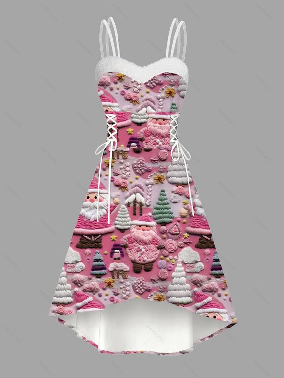 Robe de Noël imprimée sapin de Noël et Père Noël, à lacets et fausse fourrure asymétrique - Rose clair XXL | US 14
