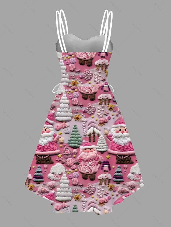 Robe de Noël imprimée sapin de Noël et Père Noël, à lacets et fausse fourrure asymétrique - Rose clair XXL | US 14