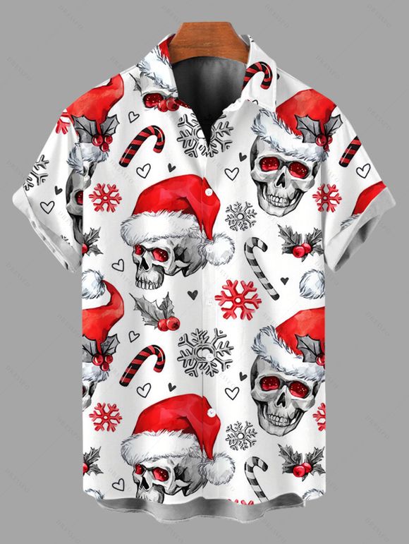 Chemise de Noël pour homme, motif tête de mort et bonnet de Noël, imprimé flocons de neige, boutonnée - Rouge 5XL