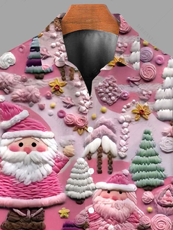 Chemise de Noël pour homme, imprimé floral, sapin de Noël, boutonnée - Rose clair 5XL