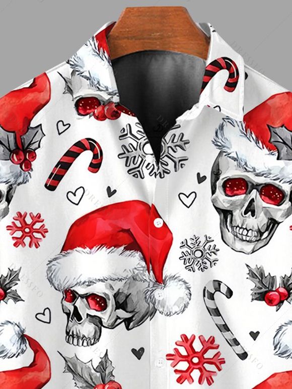Chemise de Noël pour homme, motif tête de mort et bonnet de Noël, imprimé flocons de neige, boutonnée - Rouge 5XL