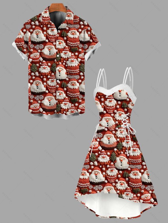 Christmas Couple Outfit Santa Claus Snowflake Print Shirt High Low Dress and Shirt Set - Rouge Vineux S | US 4