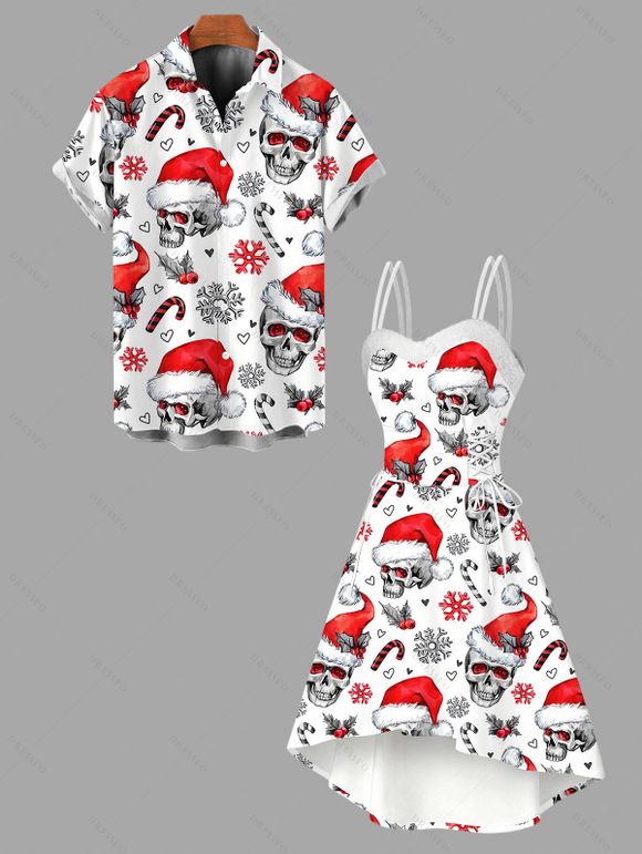 Couple Outfit Skull with Christmas Hat Snowflake Print Faux Fur Dress and Shirt Set - Rouge S | US 4