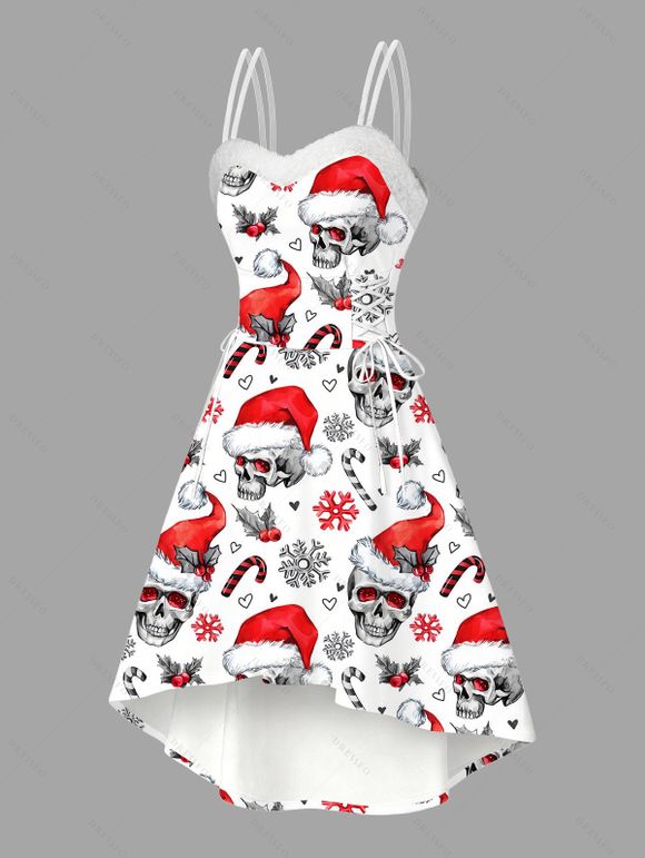 Couple Outfit Skull with Christmas Hat Snowflake Print Faux Fur Dress and Shirt Set - Rouge S | US 4