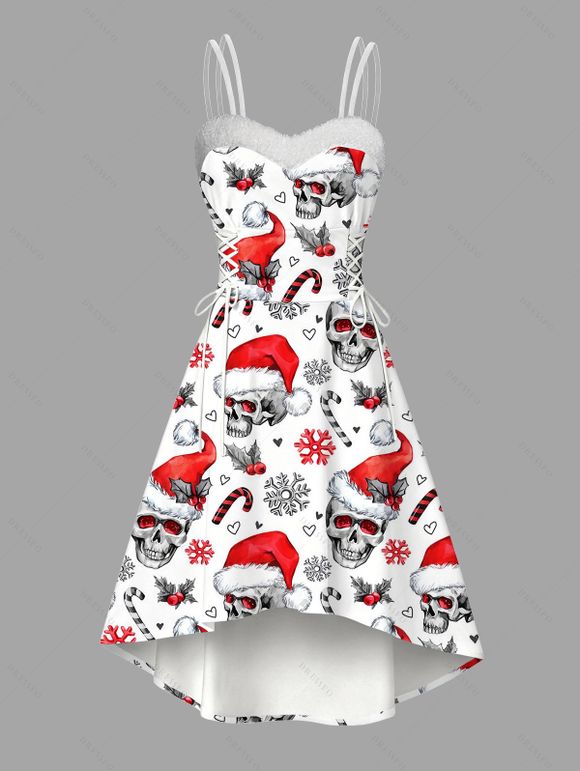 Couple Outfit Skull with Christmas Hat Snowflake Print Faux Fur Dress and Shirt Set - Rouge S | US 4