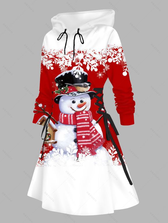 Robe à capuche de Noël, imprimé flocon de neige, bonhomme de neige, colorblock, robe à lacets - Rouge S | US 4