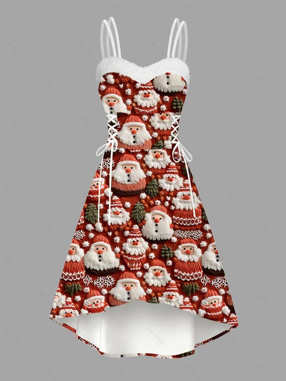Robe de Noël Père Noël Sapin à lacets en fausse fourrure asymétrique - Rouge Cerise XXL | US 14