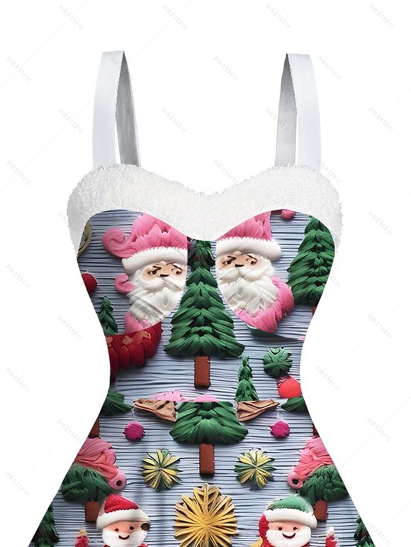 Robe de Noël imprimée sapin de Noël et Père Noël, mini-robe en fausse fourrure - Bleu gris L | US 8-10