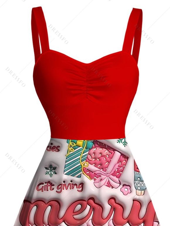 Robe de fête imprimée Joyeux Noël Mini robe froncée - Rouge XXL | US 14