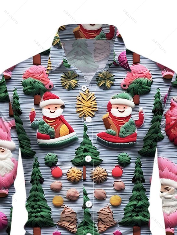 Holiday Couple Outfit Christmas Tree Santa Claus Print Faux Fur Dress and Shirt Set - BLUE GRAY S | US 4