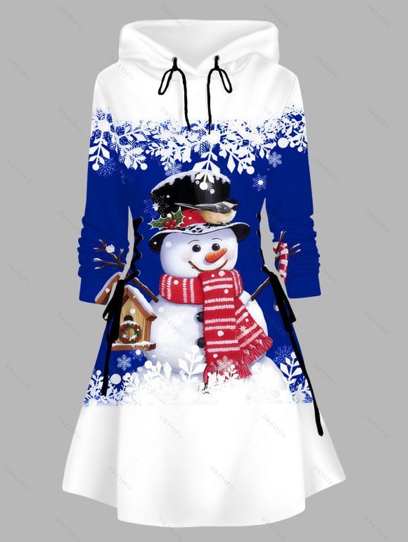 Robe sweat à capuche de Noël à imprimé flocons et bonhommes de neige, colorblock, lacée - Bleu XXXXXL | US 20