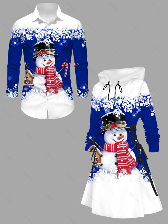 Christmas Couple Outfit Snowman Snowflake Print Colorblock Dress and Shirt Set - Bleu S | US 4