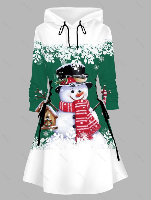 Robe sweat à capuche de Noël à imprimé flocons et bonhommes de neige, colorblock, lacée - Vert XXXXXL | US 20
