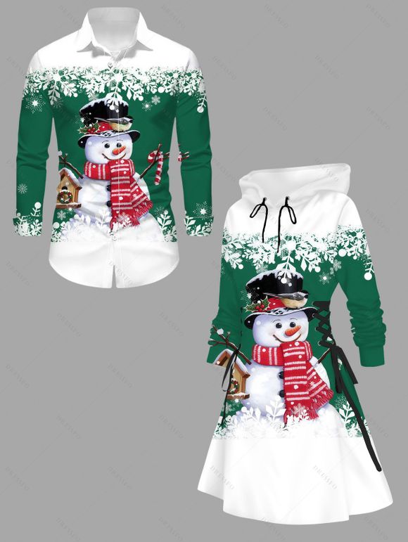 Christmas Couple Outfit Snowman Snowflake Print Colorblock Dress and Shirt Set - Vert S | US 4