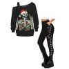 Women Outfit Skeleton Christmas Hat Print Buckle Sweatshirt and Lightning Chains Leggings Set - Noir S | US 4