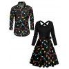 Christmas Couple Outfit Lightning Chains Print Crossover Belt Dress and Shirt Set - Noir S | US 4