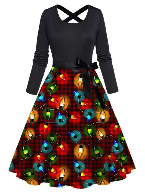 Robe de Noël à carreaux imprimé chaînes éclair et ceinture croisée