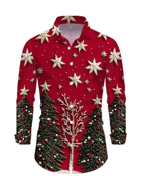 Chemise de Noël pour homme, manches longues, imprimé sapin et flocon de neige en 3D