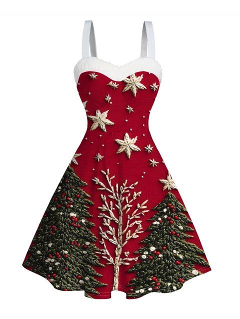 Robe de Noël imprimée sapin et flocons de neige en 3D, mini-robe en fausse fourrure