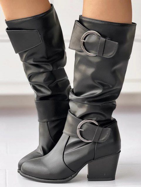 Solid Color O Ring Buckle Chunky Heels Equestrian-Style Boots