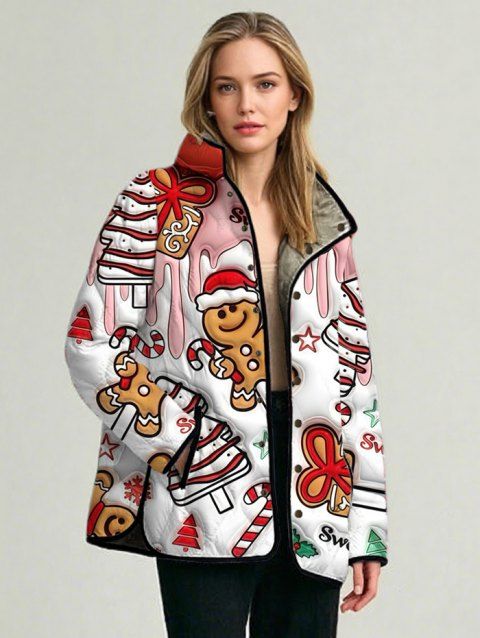 Manteau de Noël rembourré en coton, manteau imprimé bonhomme en pain d'épice, manteau à col montant