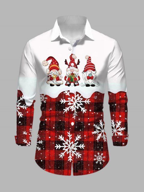 Chemise de Noël pour homme à carreaux colorblock avec imprimé Père Noël et flocons de neige, manches longues