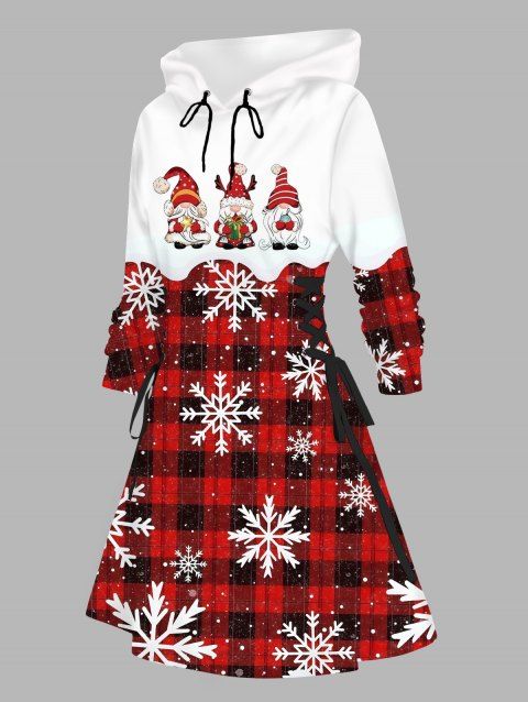 Robe sweat à capuche de Noël à carreaux colorblock, imprimé Père Noël et flocons de neige, lacée