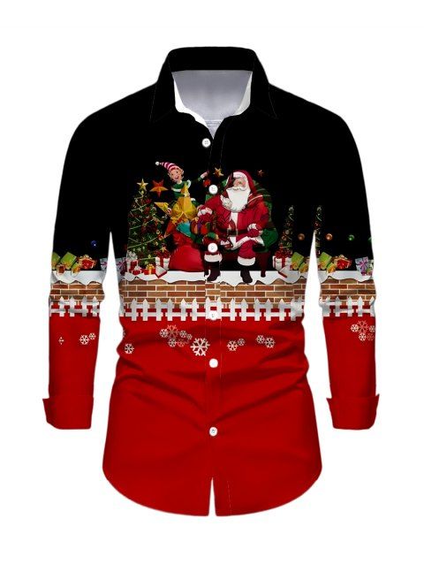 Chemise homme à manches longues, imprimé Père Noël, sapin de Noël et flocons de neige, colorblock