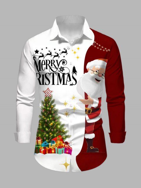 Men's Shirt Colorblock Santa Claus Christmas Tree Letter Print Long Sleeve Shirt