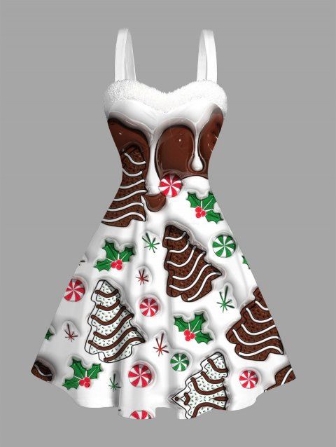 Robe de Noël imprimée sapin de Noël, mini-robe en fausse fourrure