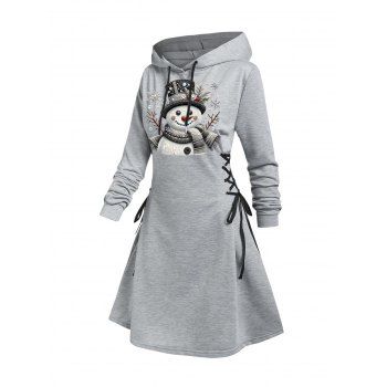Christmas Hoodie Dress Snowman Print Lace Up Long Sleeve Dress