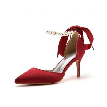 Faux Pearl Ribbon High Heel Pointed Toe Elegance Party Sandals
