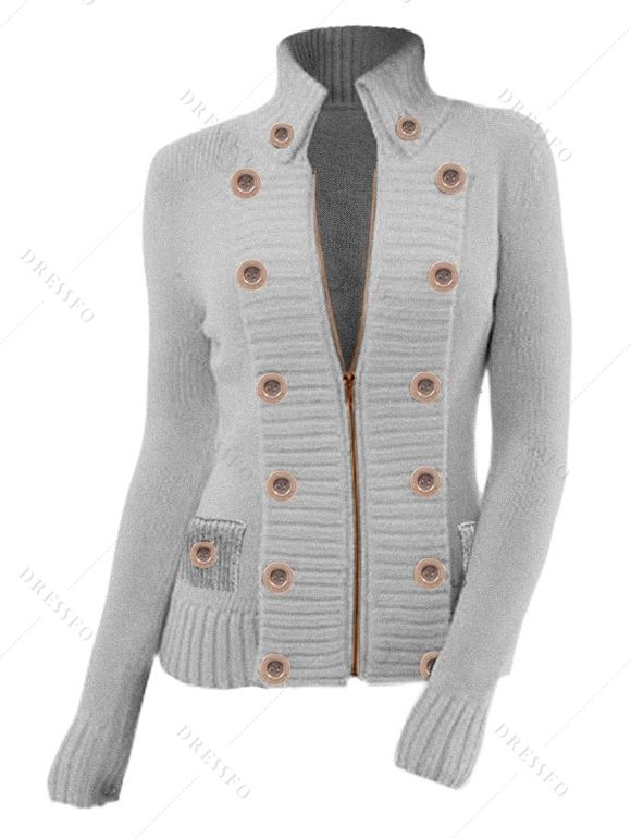 Casual Women Outfit Zip Up Stand-up Collar Sweater and Wide Leg Pants Set - Gris Clair S | US 4