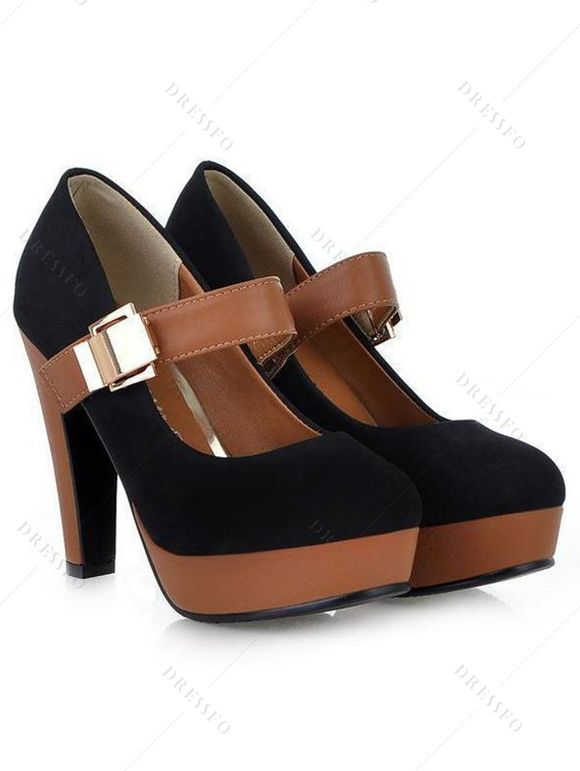 Coloblock Sandals Chunky High Heels Square Ring Sandals - Noir EU 42
