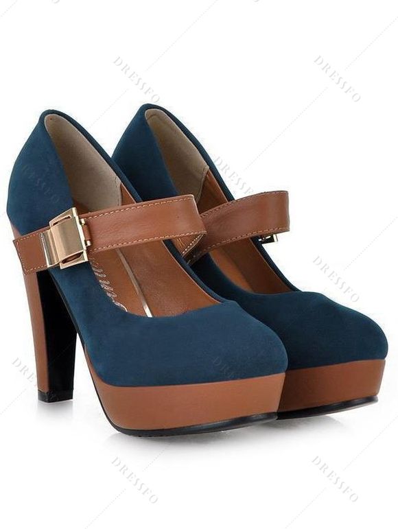 Coloblock Sandals Chunky High Heels Square Ring Sandals - Bleu EU 43