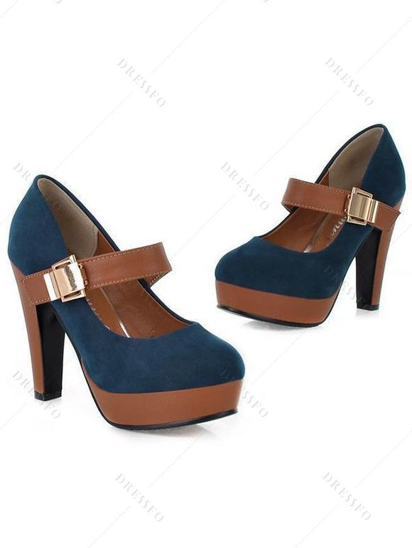 Coloblock Sandals Chunky High Heels Square Ring Sandals - Bleu EU 43