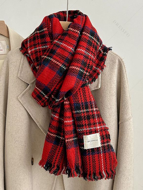 Écharpe de Noël à carreaux et pompons, chaude - Rouge 