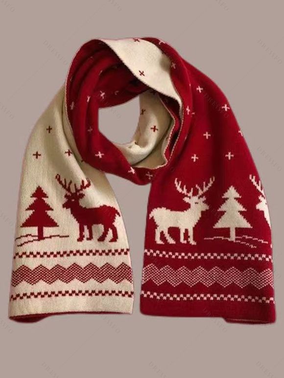 Écharpe à motif géométrique de sapin de Noël et flocons de neige et élans - Rouge 