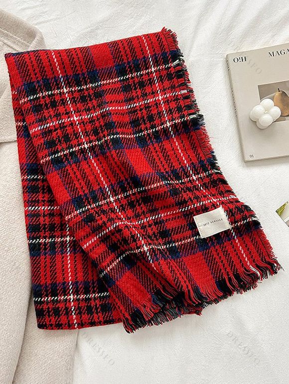 Écharpe de Noël à carreaux et pompons, chaude - Rouge 