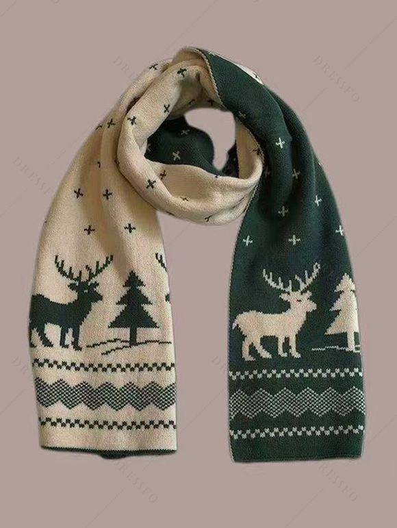 Écharpe à motif géométrique de sapin de Noël et flocons de neige et élans - Vert 