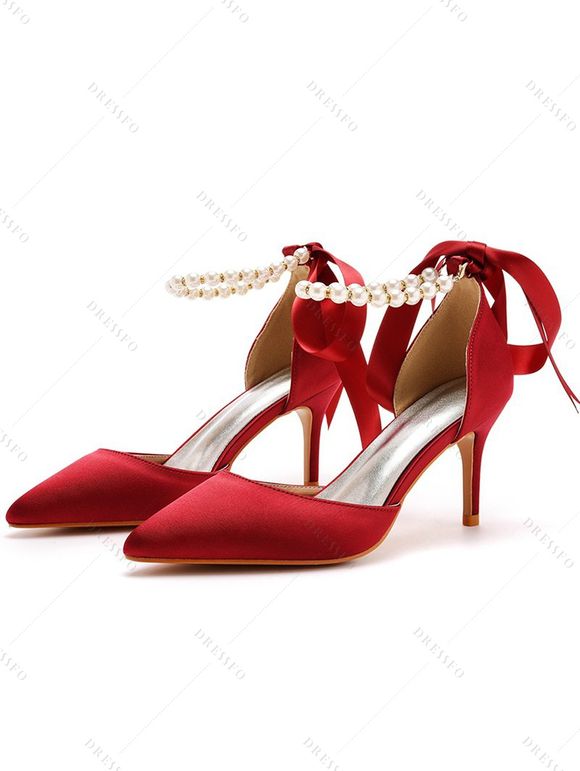 Faux Pearl Ribbon High Heel Pointed Toe Elegance Party Sandals - Rouge EU 43