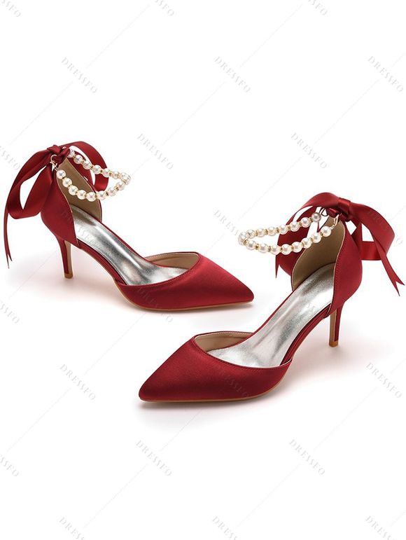 Faux Pearl Ribbon High Heel Pointed Toe Elegance Party Sandals - Rouge EU 43